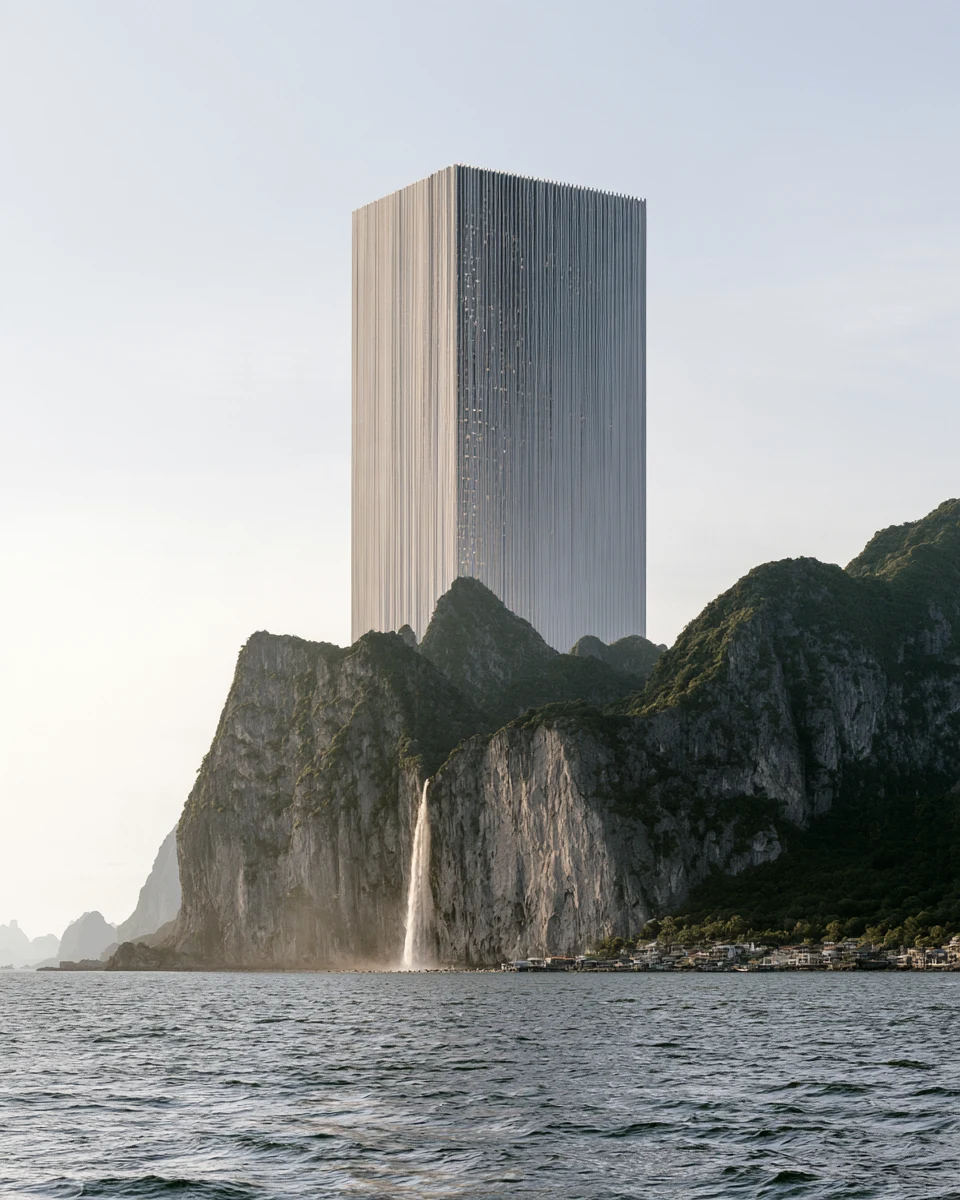 A tall structure between green coastal cliffs and the sea — PARAGON AI imagery