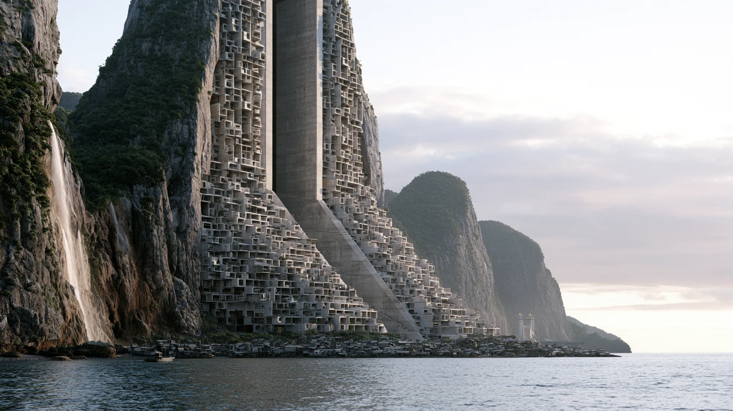 Monumental vertical architecture between cliffs and water — PARAGON AI imagery