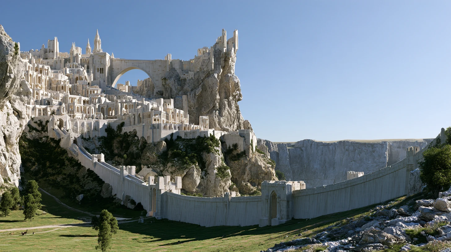 Pale architecture integrated with cliffs and green slopes — PARAGON AI imagery