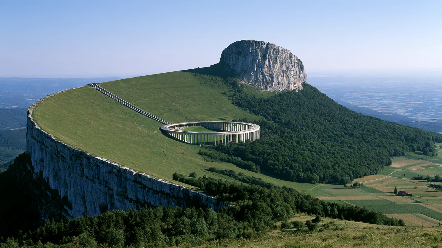 A green rock plateau with circular architecture — PARAGON AI imagery