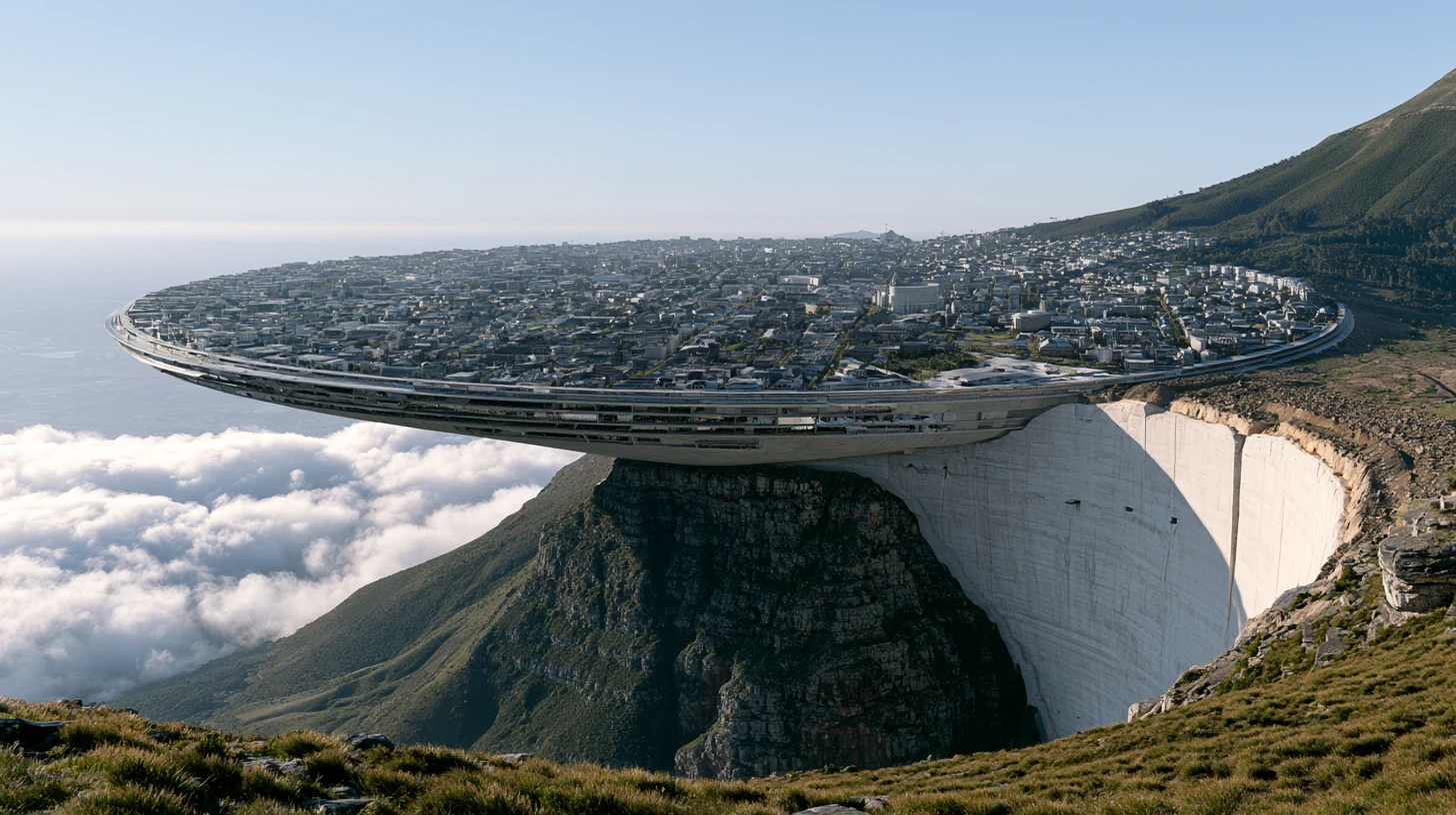 An expansive city on a cantilevered cliff platform above the clouds — PARAGON AI imagery