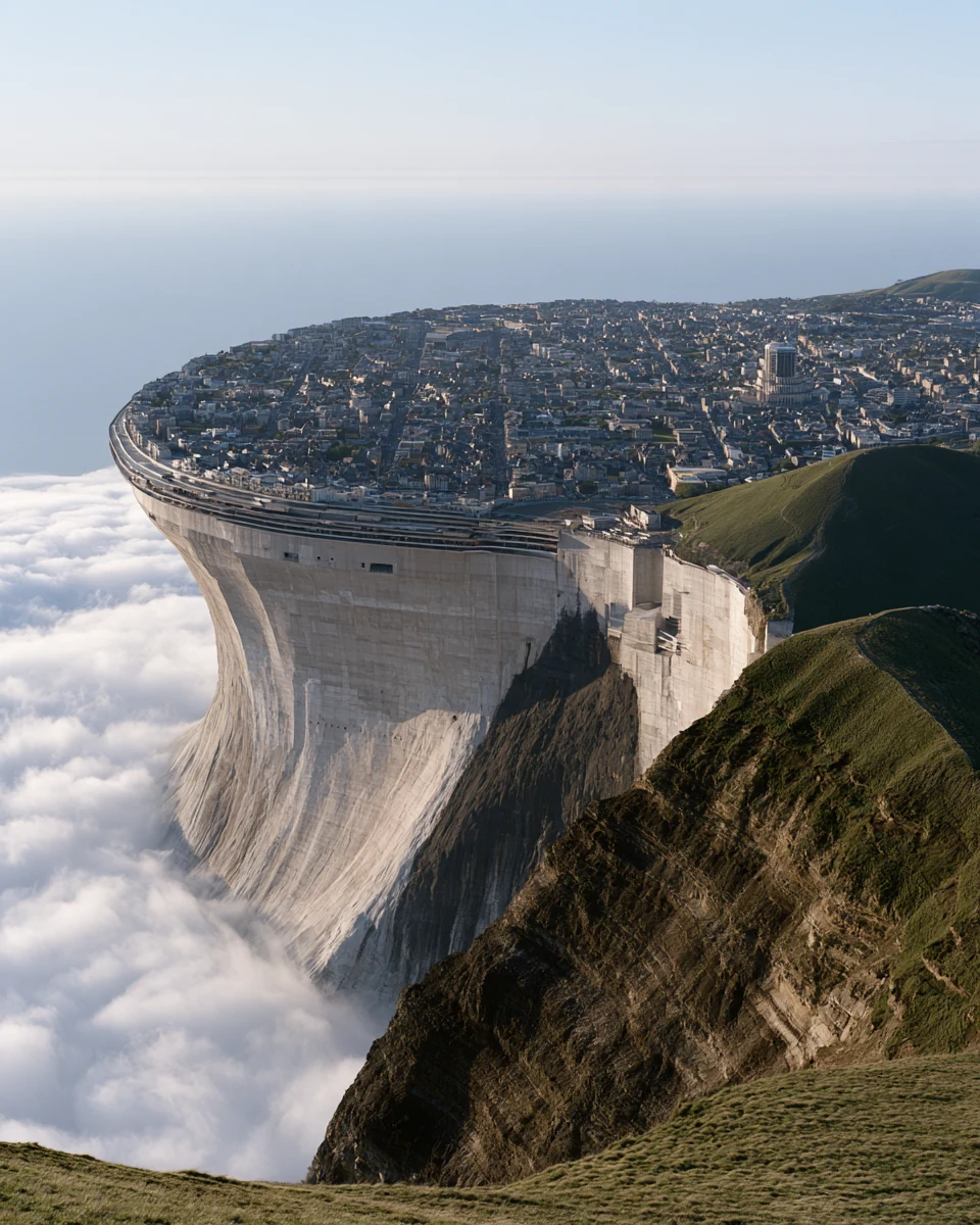 A city above the clouds supported by a sweeping cliff structure — PARAGON AI imagery