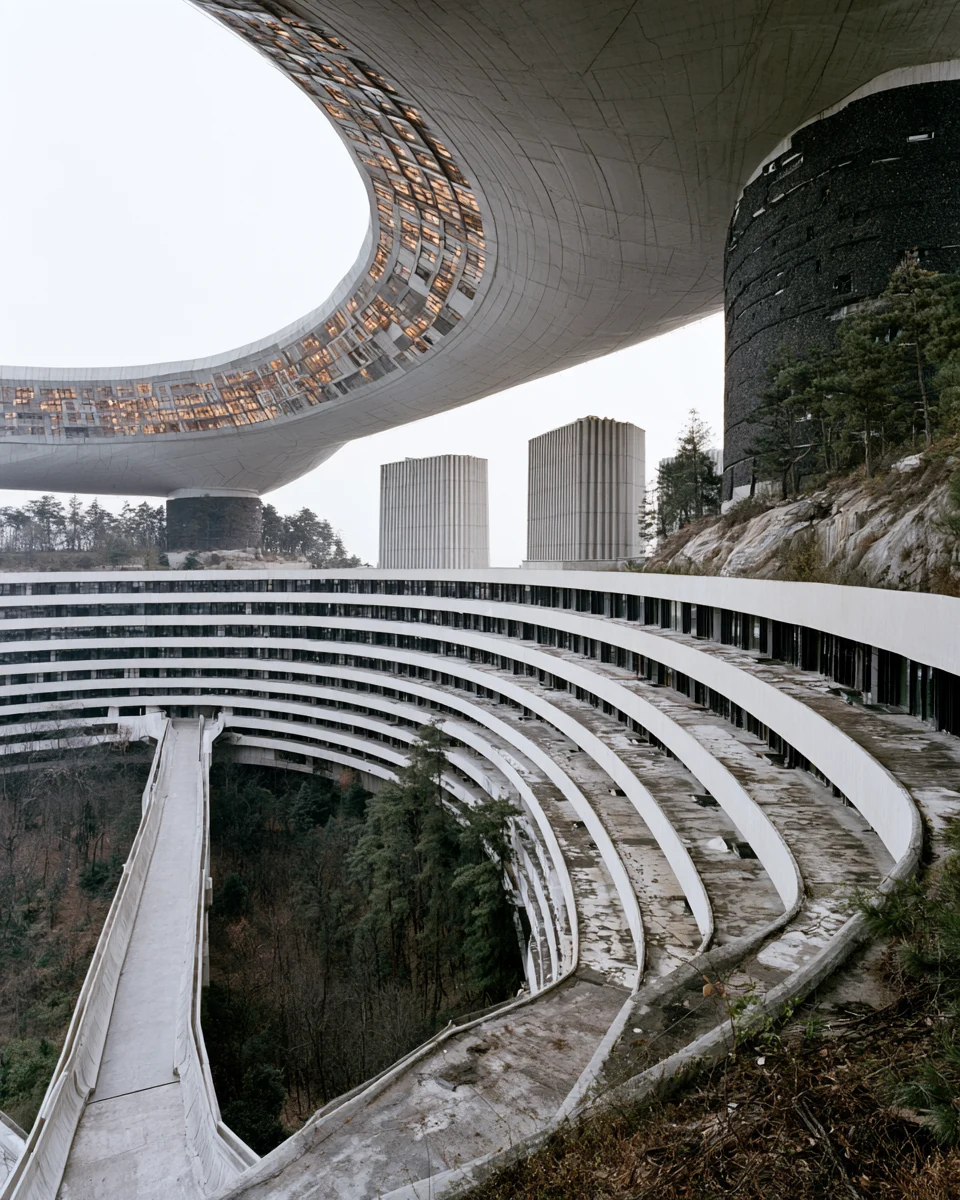 Sweeping ring-shaped architecture above stepped terraces — PARAGON AI imagery