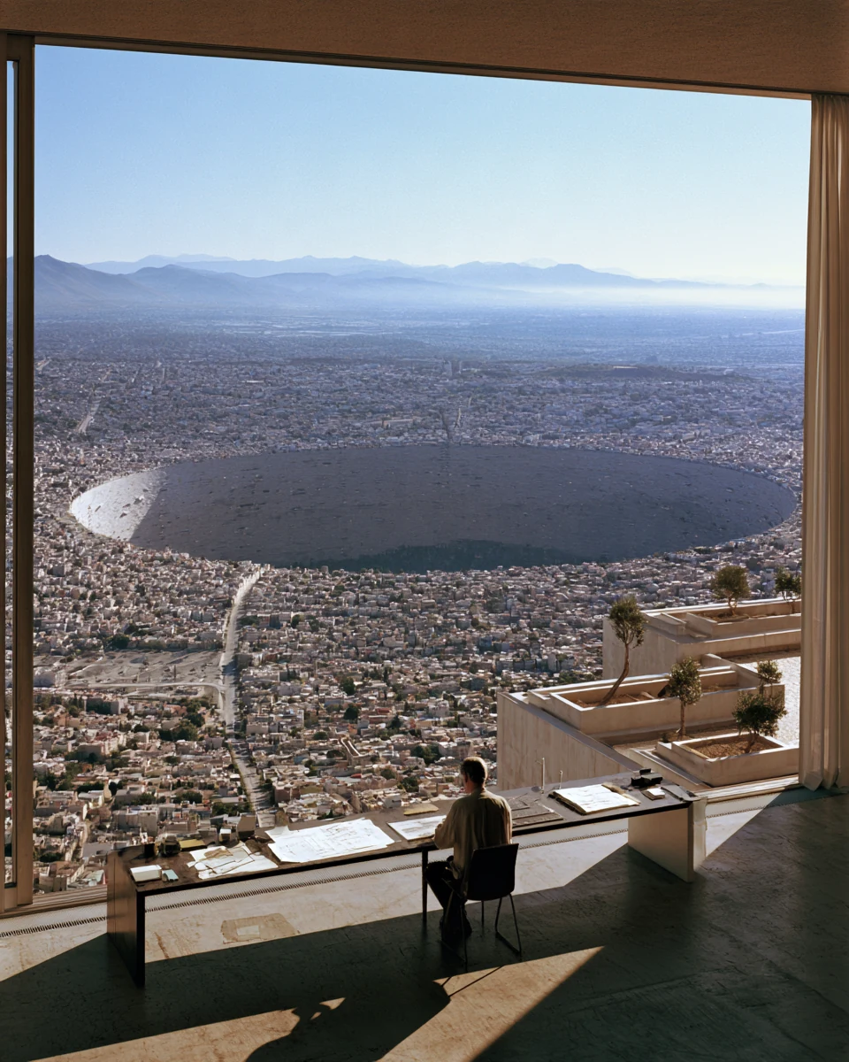 A studio with an expansive view across a circular cityscape — PARAGON AI imagery