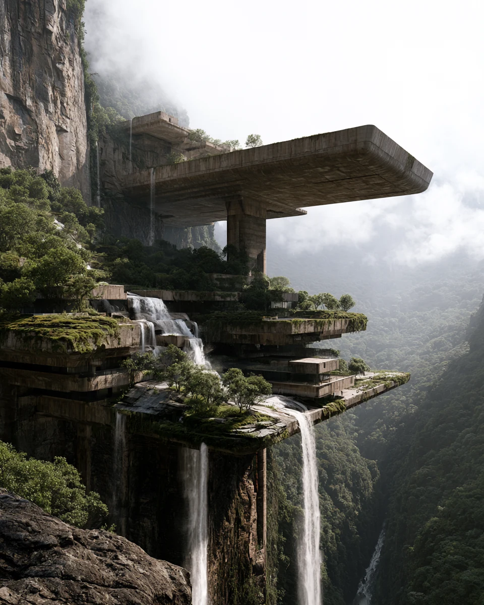 Architecture and waterfalls in a deep wooded gorge — PARAGON AI imagery