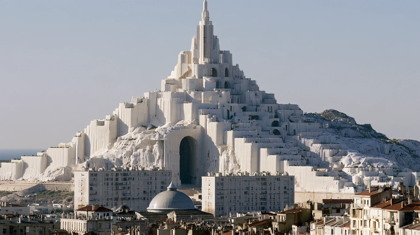 Pale terraced architecture rising above a city — PARAGON AI imagery